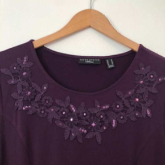 SUSAN GRAVER Artisan Liquid Knit Dress Purple Floral Beaded Embroidered Small - Picture 5 of 9
